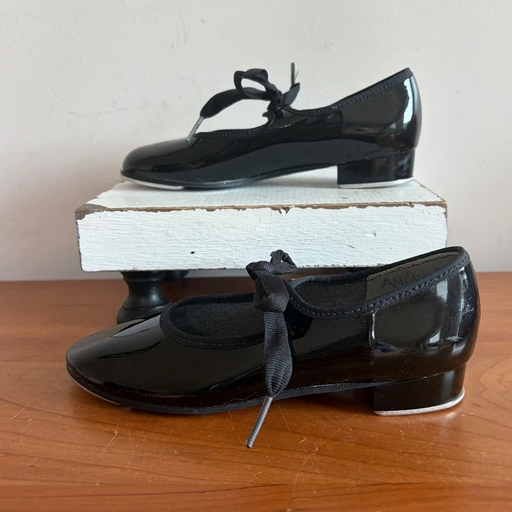 Spotlights Kids Black Patent Leather Tap Shoes Ribbon Tie Made in USA Size 9